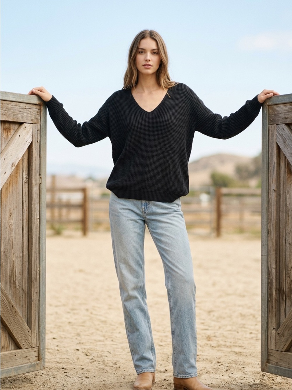 Wilfred Black V-Neck Waffle Knit Sweater | 100% Merino Wool | Large